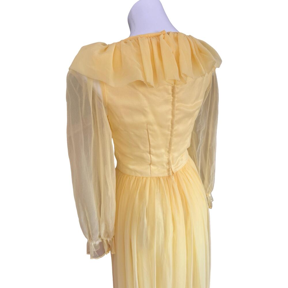 Vintage 1970 Butter Yellow Chiffon Ruffle Gown Full Sweep Overlay Bishop Sleeve - Picture 7 of 10